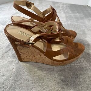 GUESS Wedge Heels Womens 9 Brown Snake Embossed Cork Boho Preppy Luxury‎